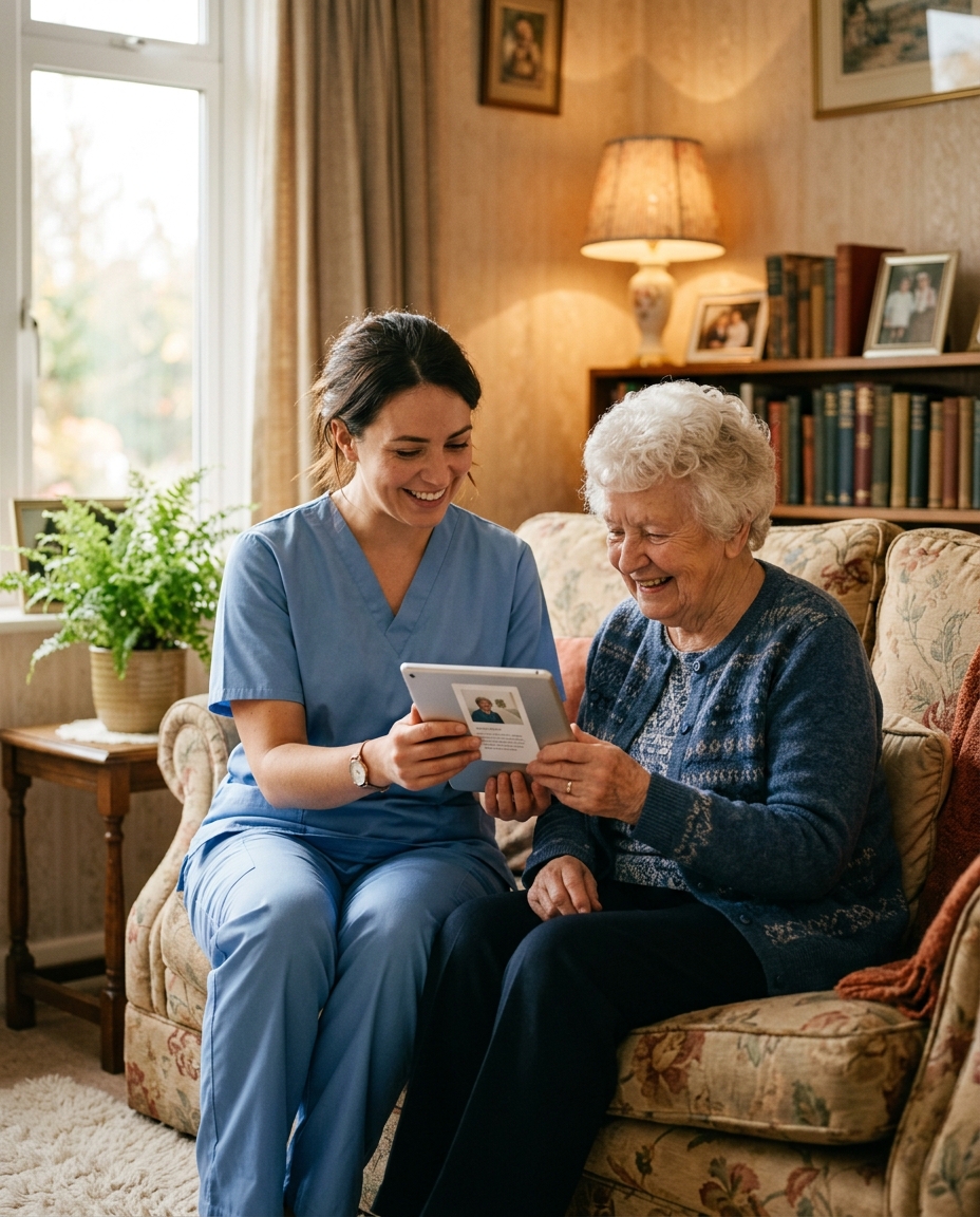 Home-care nurse visiting an elderly patient in the client's living room